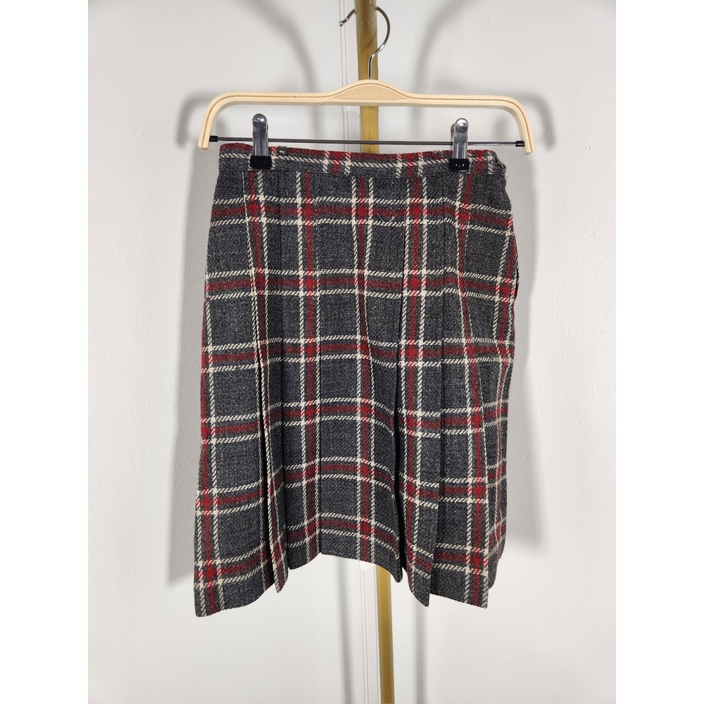 Vintage‎ 1960s Four Corners Gray Red Wool Plaid Pleated Skirt Size 9 Union Tag